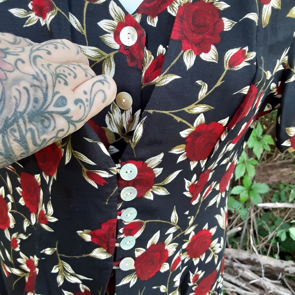 90s floral red rose black maxi dress faux vest and loads of buttons sz 12 - Picture 7 of 7